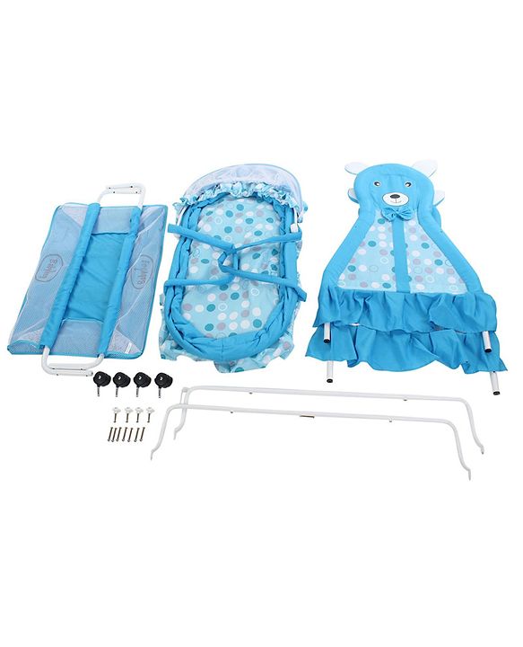 Babyhug Love Teddy Print Bassinet with Swing Lock Function and Detachable Inner Storage Basket  Blue| Storage Basket| Wheels with Lock| Mosquito Net