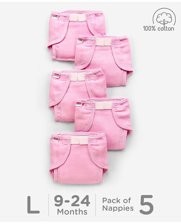Babyhug Muslin Cotton Reusable Cloth Nappies With Velcro Large  Set Of 5 - Pink