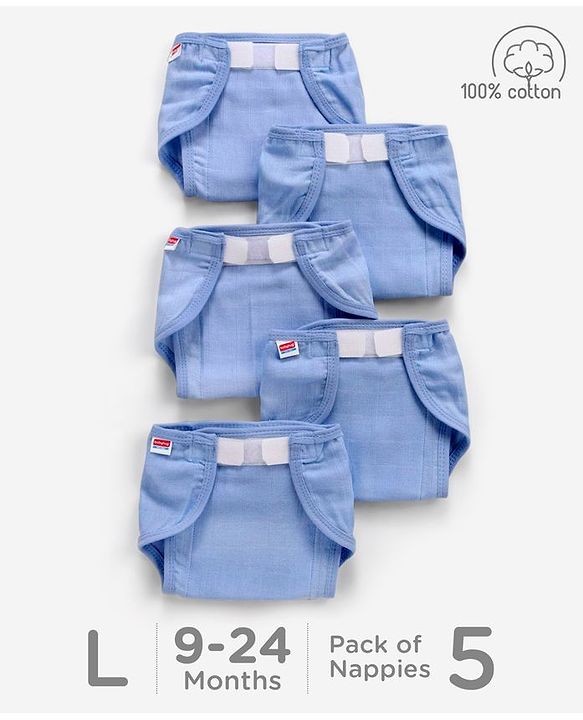 Babyhug Muslin Cotton Reusable Cloth Nappies With Velcro Large Set Of 5 - Blue