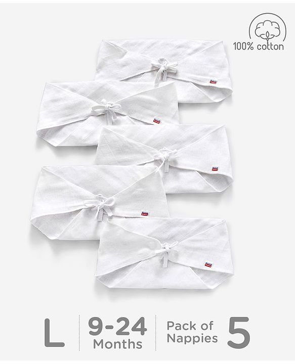Babyhug 100% Cotton Triangle Cloth Nappies Large Set Of 5 - White