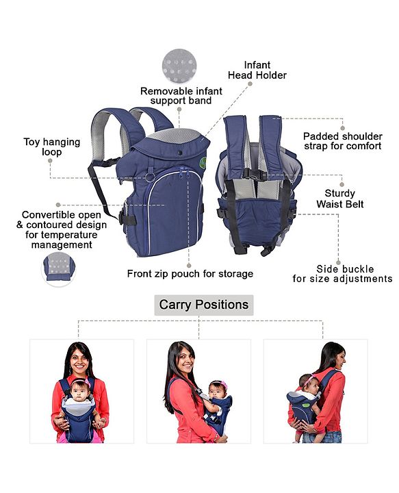 Babyhug Comfort Nest 3 Way Baby Carrier With Adjustable Infant Head Support - Navy