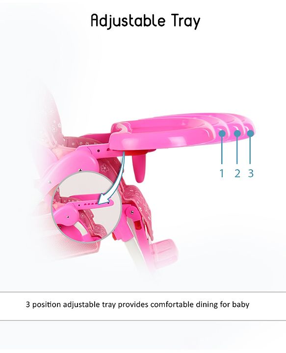 Babyhug Easy Diner High Chair With 5 Adjustable Heights & 3 Level Seat Recline - Pink