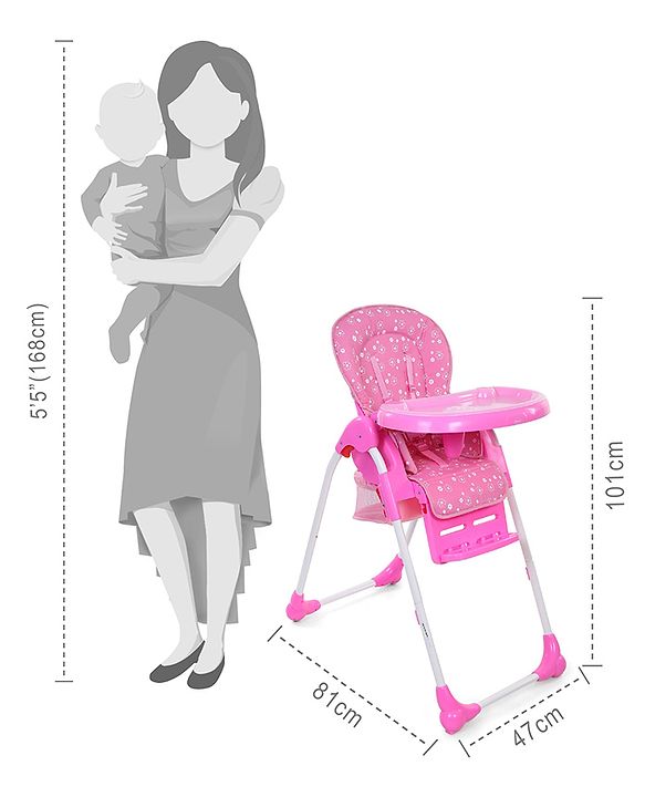 Babyhug Easy Diner High Chair With 5 Adjustable Heights & 3 Level Seat Recline - Pink