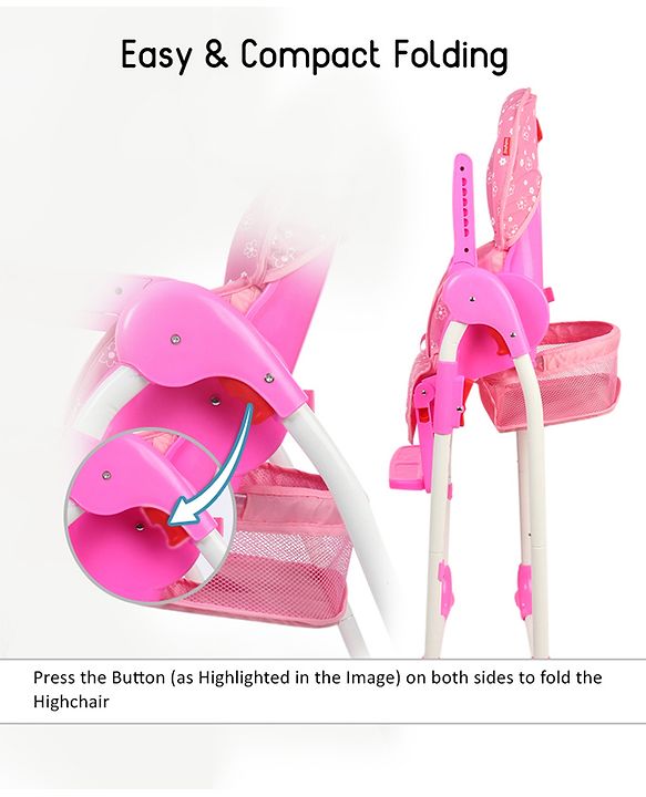 Babyhug Easy Diner High Chair With 5 Adjustable Heights & 3 Level Seat Recline - Pink