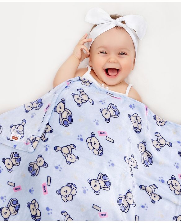 Babyhug Lightweight Single Ply Mink Blanket Teddy Print - Light blue