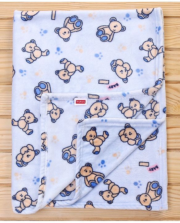 Babyhug Lightweight Single Ply Mink Blanket Teddy Print - Light blue