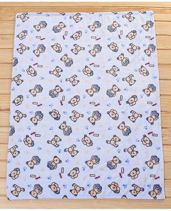 Babyhug Lightweight Single Ply Mink Blanket Teddy Print - Light blue