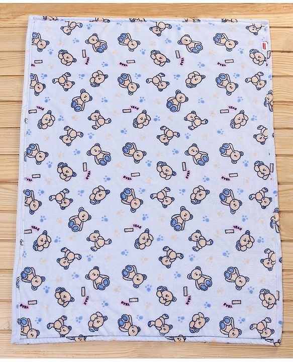 Babyhug Lightweight Single Ply Mink Blanket Teddy Print - Light blue