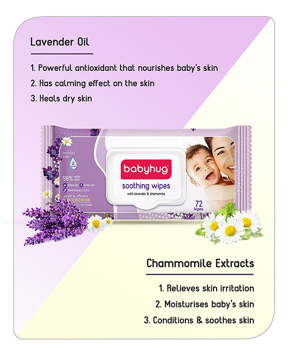 Babyhug 98% Water Soothing Lavender & Chamomile Baby Wet Wipes - 72 Pieces