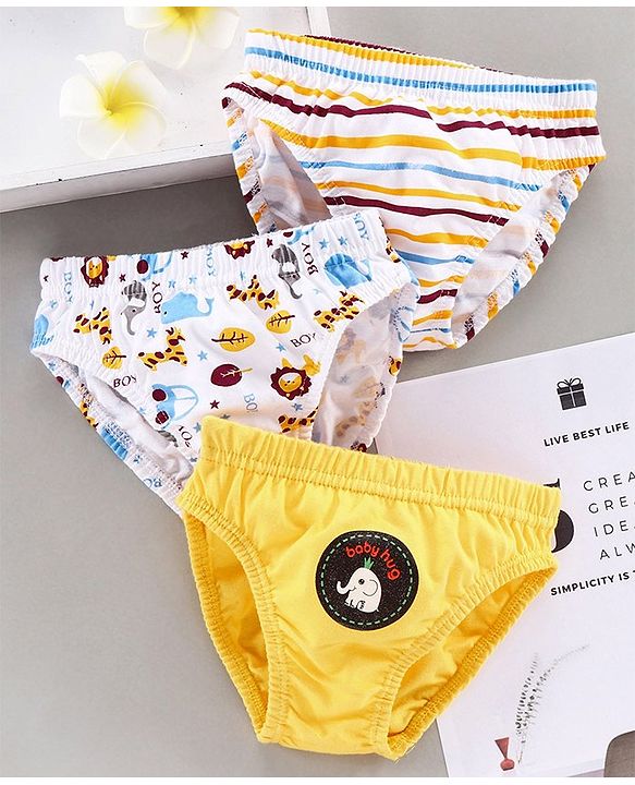 Babyhug 100% Cotton Briefs Animal Print Pack of 3 - White Yellow