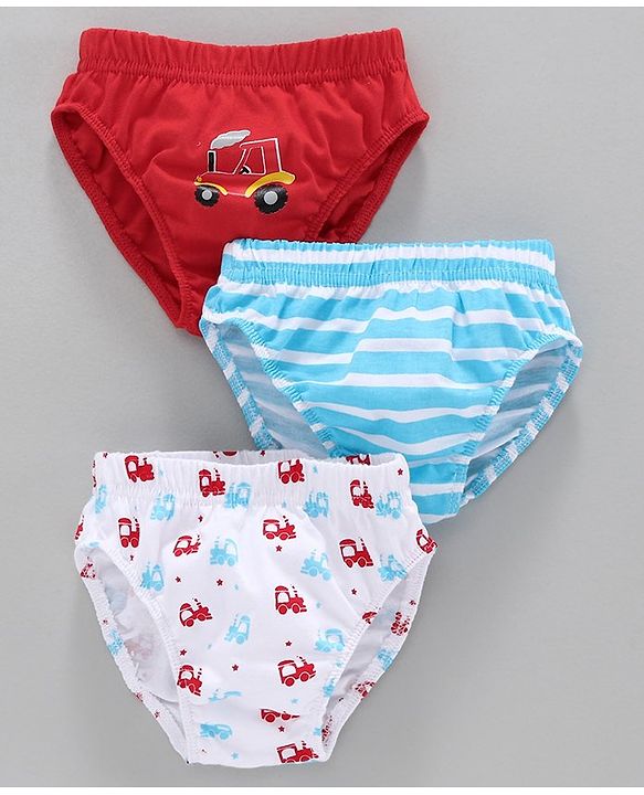 Babyhug Stripes & Vehicle Printed 100% Cotton Briefs Pack of 3 - Red Blue White