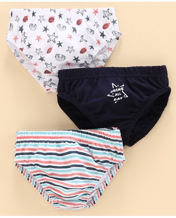Babyhug 100% Cotton Brief Star Print Pack of 3 - White Navy Blue
