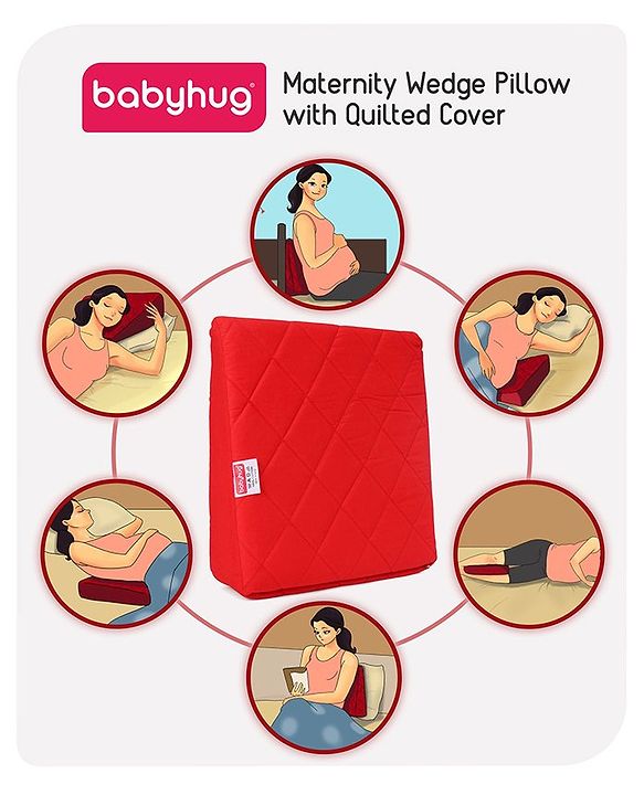 Babyhug Cotton Maternity Wedge Pillow With Quilted Cover - Red| Soft yet Firm| Breathable Fabric| Removable & Washable Outer Cover| Quilted Cotton Fabric| Sleep & Back Support| Relieves Back Pain| Ideal for Pregnant Women| Facilitates Peaceful Sleep