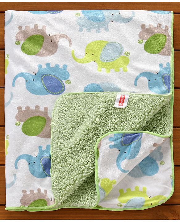 Babyhug Sherin & Poly Wool All Season Blanket Elephant Design - White Green (Blanket's Fur Color May Vary)