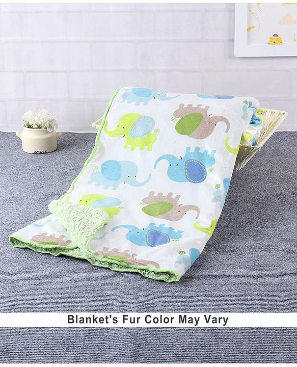 Babyhug Sherin & Poly Wool All Season Blanket Elephant Design - White Green (Blanket's Fur Color May Vary)