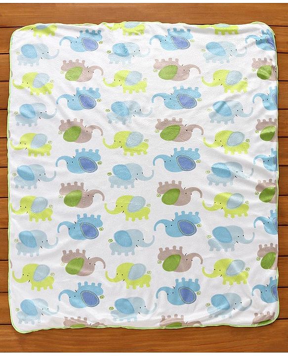 Babyhug Sherin & Poly Wool All Season Blanket Elephant Design - White Green (Blanket's Fur Color May Vary)