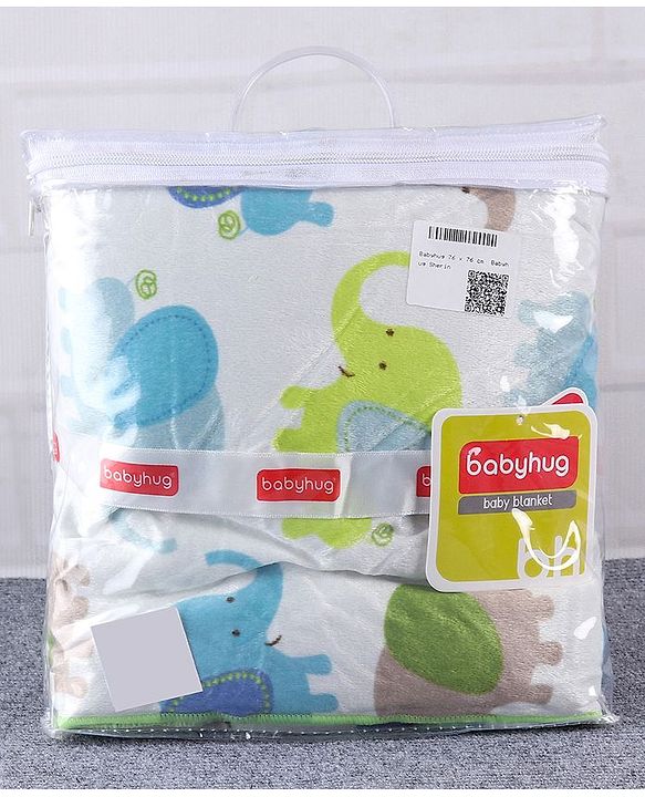 Babyhug Sherin & Poly Wool All Season Blanket Elephant Design - White Green (Blanket's Fur Color May Vary)