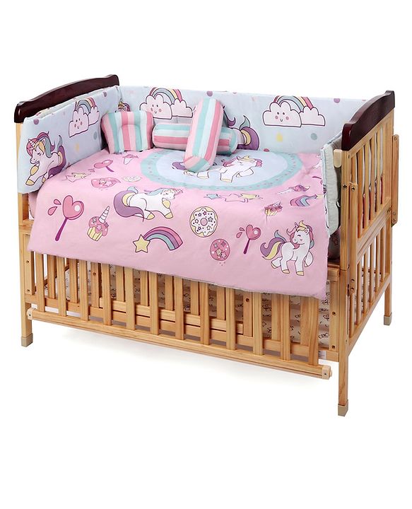 Babyhug 100% Cotton Crib Bedding Set Unicorn Print Regular - Multicolor (Cot not Included)