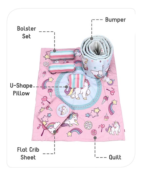 Babyhug 100% Cotton Crib Bedding Set Unicorn Print Regular - Multicolor (Cot not Included)