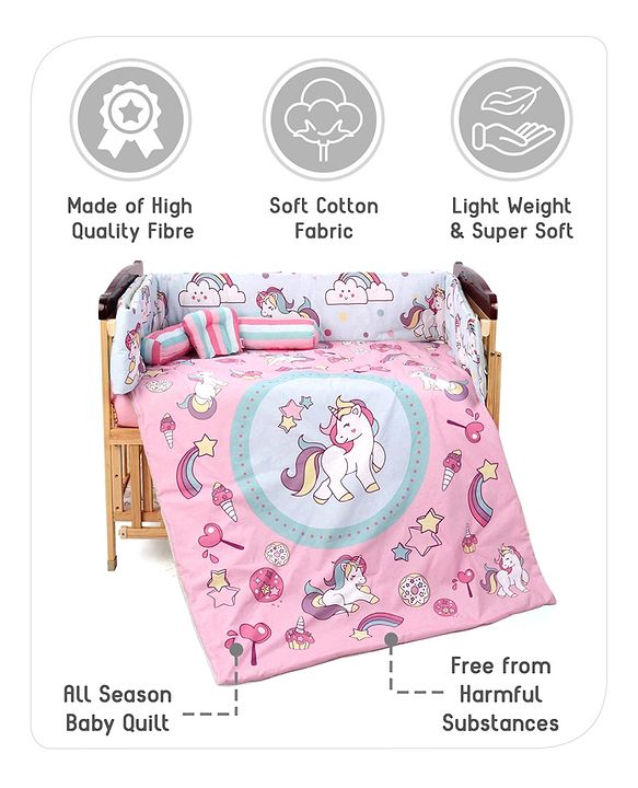 Babyhug 100% Cotton Crib Bedding Set Unicorn Print Regular - Multicolor (Cot not Included)