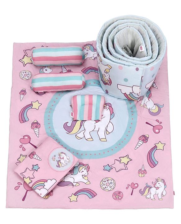 Babyhug 100% Cotton Crib Bedding Set Unicorn Print Regular - Multicolor (Cot not Included)
