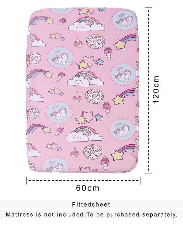 Babyhug 100% Cotton Crib Bedding Set Unicorn Print Regular - Multicolor (Cot not Included)