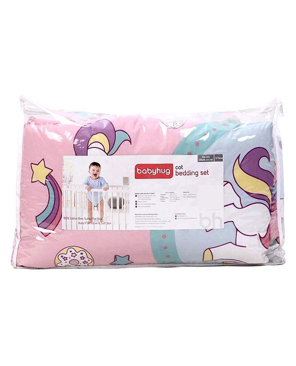 Babyhug 100% Cotton Crib Bedding Set Unicorn Print Regular - Multicolor (Cot not Included)