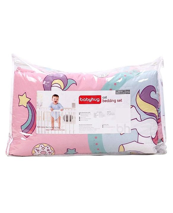 Babyhug 100% Cotton Crib Bedding Set Unicorn Print Regular - Multicolor (Cot not Included)