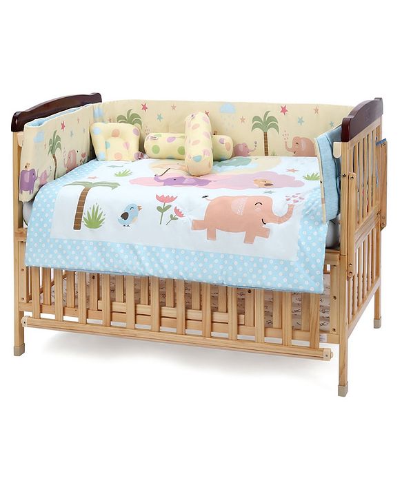 Babyhug 100% Cotton Crib Bedding Set Elephant Print Regular - Multicolor (Cot not Included)
