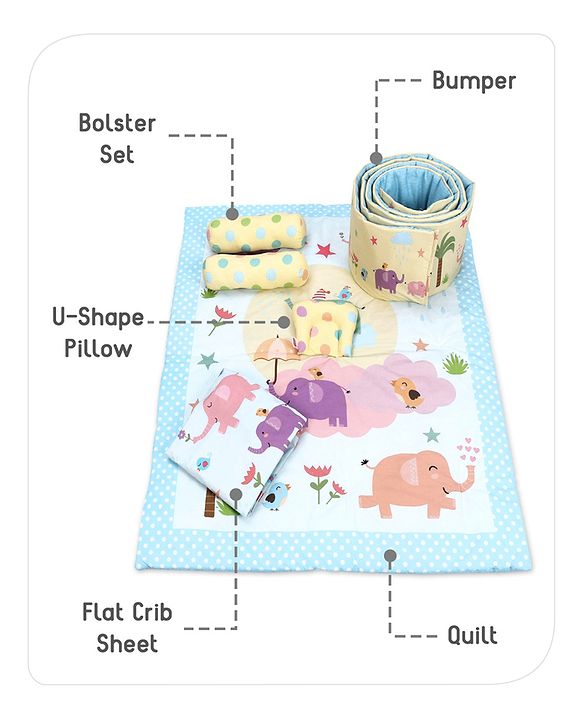 Babyhug 100% Cotton Crib Bedding Set Elephant Print Regular - Multicolor (Cot not Included)