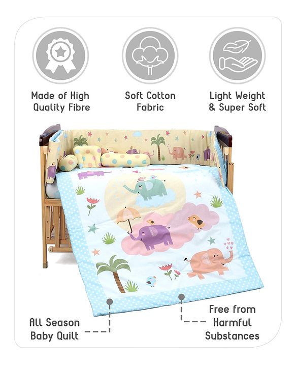 Babyhug 100% Cotton Crib Bedding Set Elephant Print Regular - Multicolor (Cot not Included)