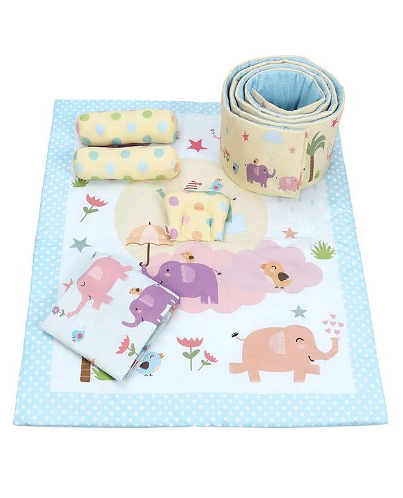 Babyhug 100% Cotton Crib Bedding Set Elephant Print Regular - Multicolor (Cot not Included)
