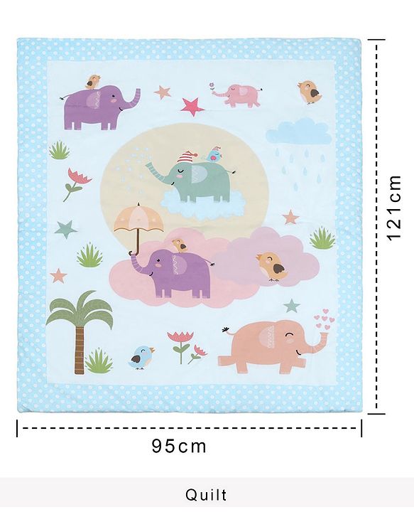 Babyhug 100% Cotton Crib Bedding Set Elephant Print Regular - Multicolor (Cot not Included)