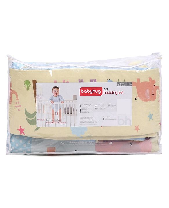 Babyhug 100% Cotton Crib Bedding Set Elephant Print Regular - Multicolor (Cot not Included)