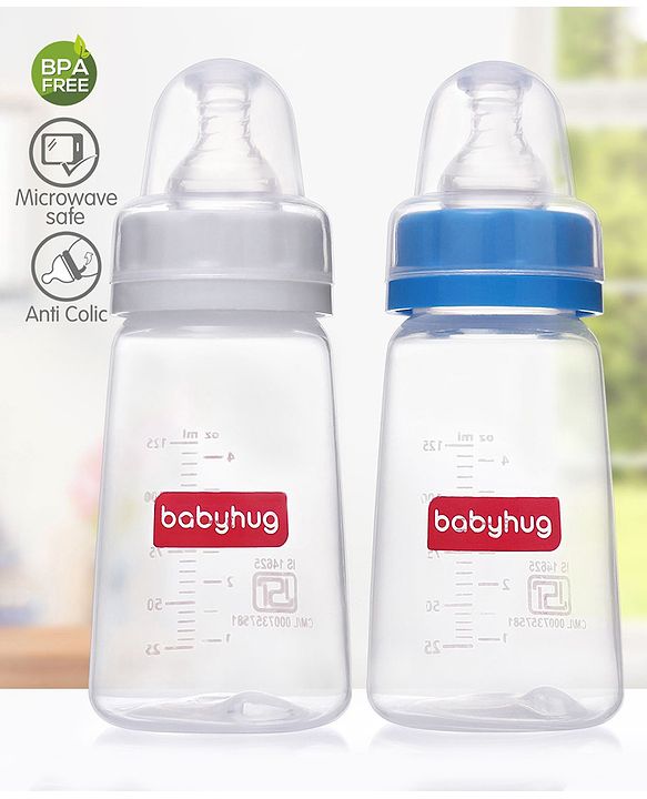 Babyhug Narrow Neck Feeding Bottle Pack of 2 Blue White - 125 ml Each