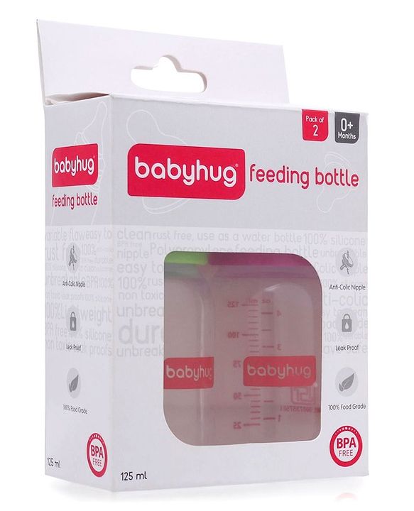 Babyhug Narrow Neck Feeding Bottle Pack of 2 Pink Green - 125 ml Each