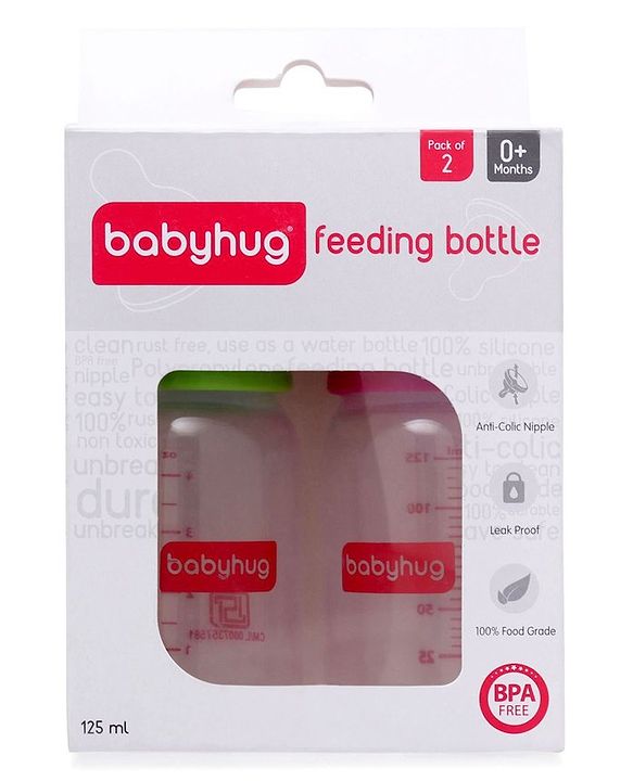 Babyhug Narrow Neck Feeding Bottle Pack of 2 Pink Green - 125 ml Each
