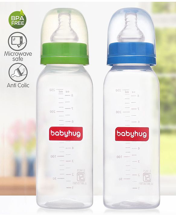 Babyhug Narrow Neck Feeding Bottle Pack of 2 Blue Green - 250 ml Each| Leak-Proof| Anti-colic Silicone Nipple| Microwave and Sterilizer Safe| BPA Free| Measuring Scale| Slow Flow