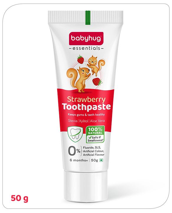 Babyhug Strawberry Flavoured Toothpaste for Ages 6 Months+ |100% Natural Ingredients Fluoride Free No SLS/SLES - 50 g