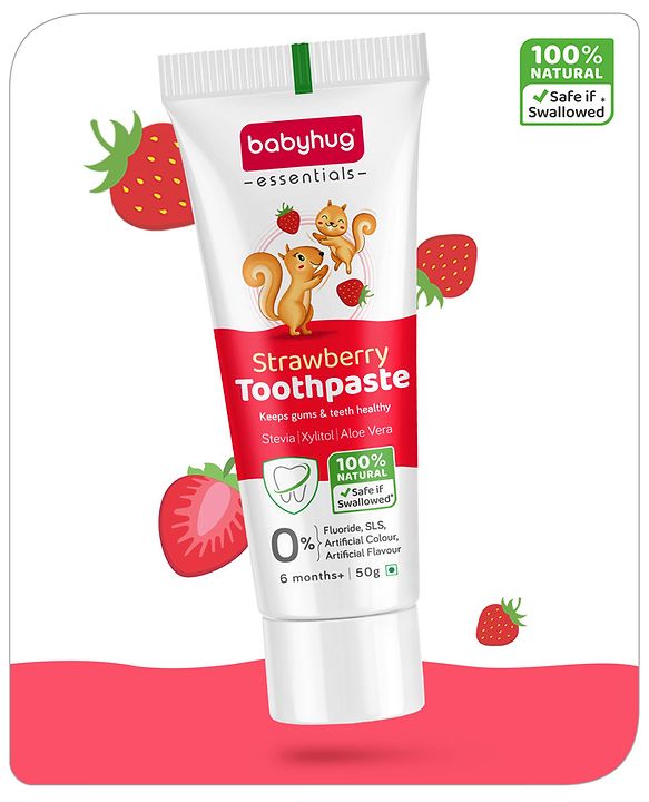 Babyhug Strawberry Flavoured Toothpaste for Ages 6 Months+ |100% Natural Ingredients Fluoride Free No SLS/SLES - 50 g