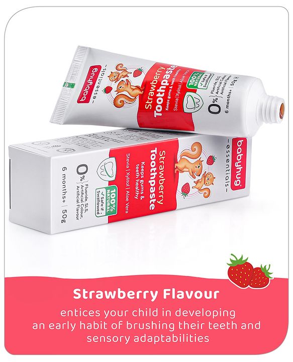 Babyhug Strawberry Flavoured Toothpaste for Ages 6 Months+ |100% Natural Ingredients Fluoride Free No SLS/SLES - 50 g