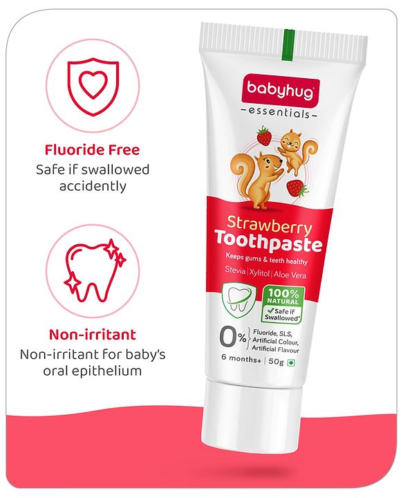 Babyhug Strawberry Flavoured Toothpaste for Ages 6 Months+ |100% Natural Ingredients Fluoride Free No SLS/SLES - 50 g