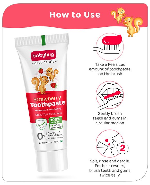 Babyhug Strawberry Flavoured Toothpaste for Ages 6 Months+ |100% Natural Ingredients Fluoride Free No SLS/SLES - 50 g