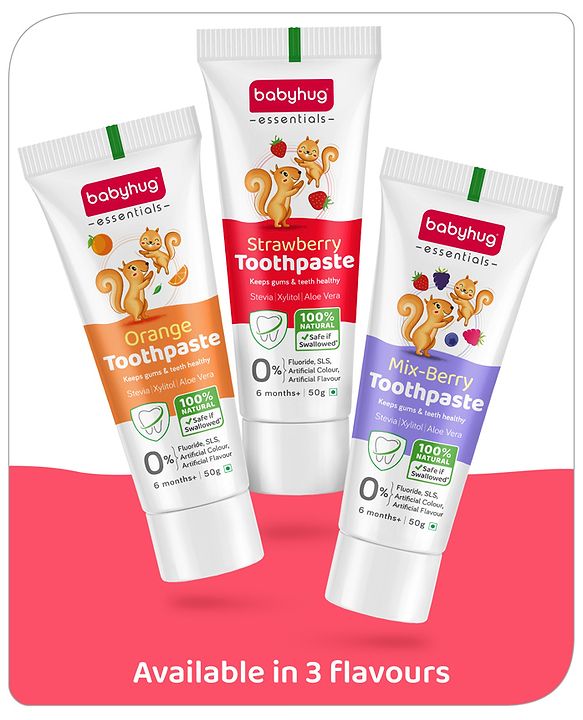 Babyhug Strawberry Flavoured Toothpaste for Ages 6 Months+ |100% Natural Ingredients Fluoride Free No SLS/SLES - 50 g