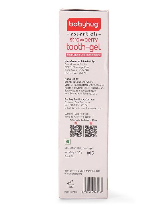 Babyhug Strawberry Flavoured Toothpaste for Ages 6 Months+ |100% Natural Ingredients Fluoride Free No SLS/SLES - 50 g