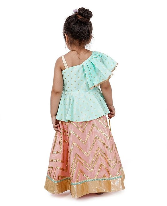 Babyhug Peplum Choli with Embroidered Silk Lehenga and Net Dupatta - Green Peach