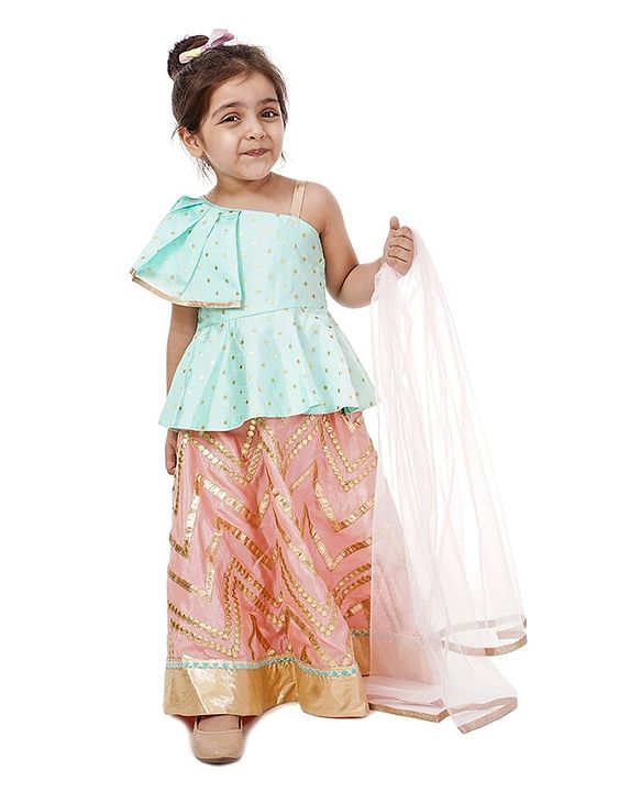 Babyhug Peplum Choli with Embroidered Silk Lehenga and Net Dupatta - Green Peach