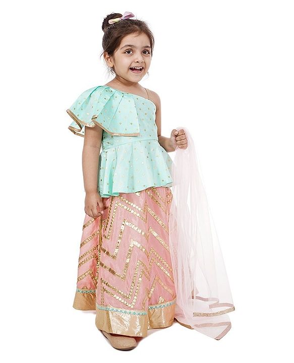 Babyhug Peplum Choli with Embroidered Silk Lehenga and Net Dupatta - Green Peach