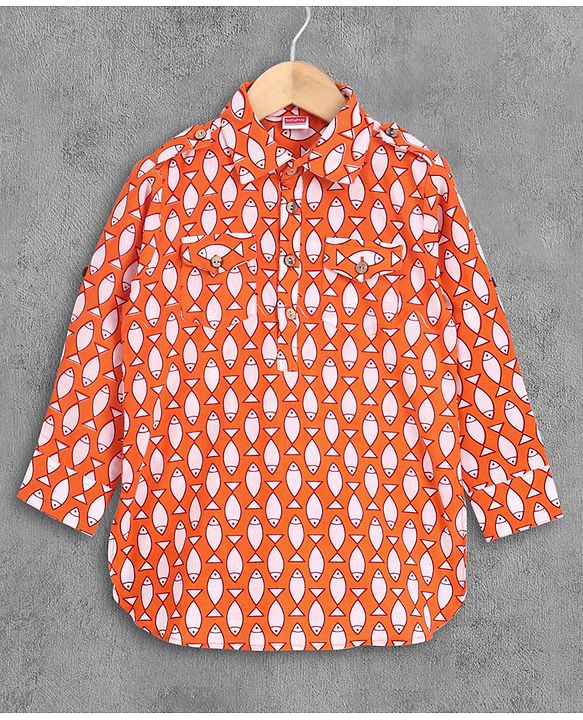 Babyhug Full Sleeves Kurta Pyjama Set Fish Print - Orange White