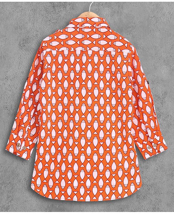 Babyhug Full Sleeves Kurta Pyjama Set Fish Print - Orange White